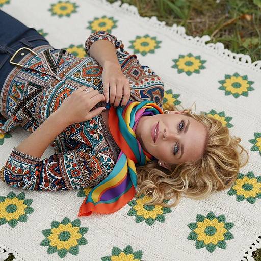 Blonde Woman on Floral Crochet Blanket