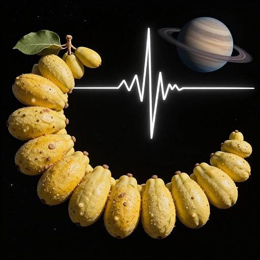 Photograph of yellow, textured, raindrop-covered mangoes forming a smile, with Saturn in the background and a white ECG line across the center