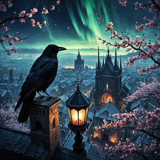 Mysterious Crow Over Gothic City at Night