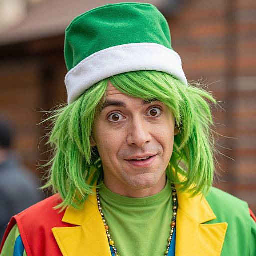 Photograph of a man with bright green hair, wearing a green hat with white trim, colorful clown outfit, and green shirt, smiling with wide eyes