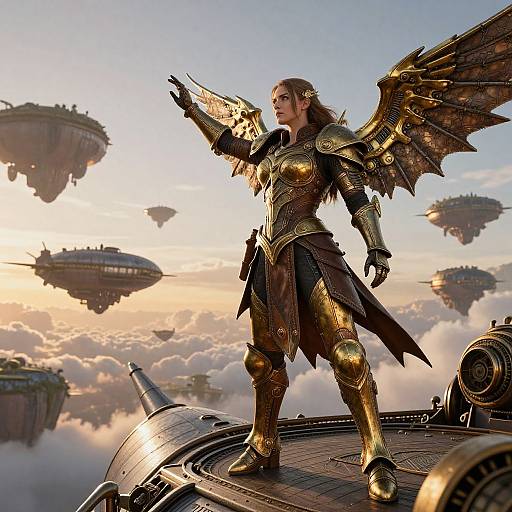 Armored Woman Leading Steampunk Airship Fleet