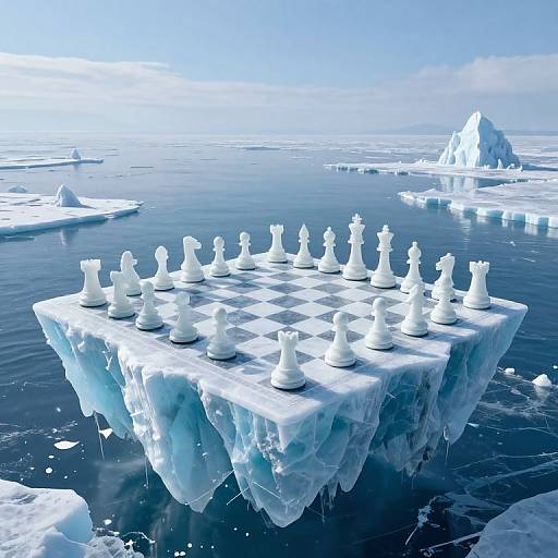 Photograph of an ice chessboard floating on an icy sea, with white chess pieces arranged for a game, surrounded by icebergs and a clear