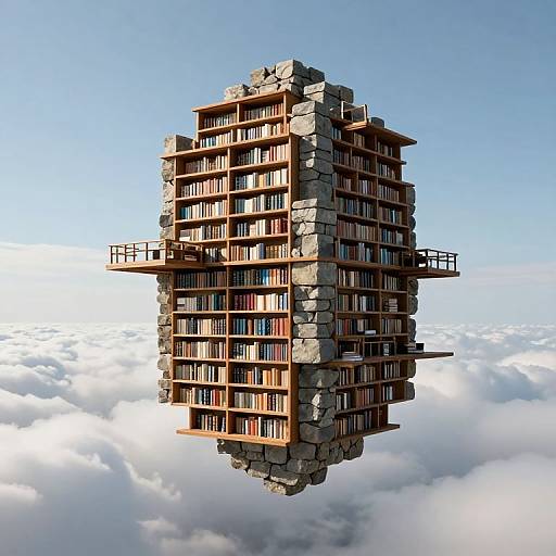Floating stone and wood library island, filled with books, surrounded by fluffy white clouds against a blue sky. Digital CGI artwork.
