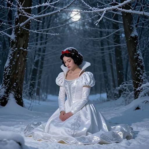 Photograph of a young woman in a shimmering white Snow White costume, kneeling in a snow-covered forest at night with moonlight filtering through frosty