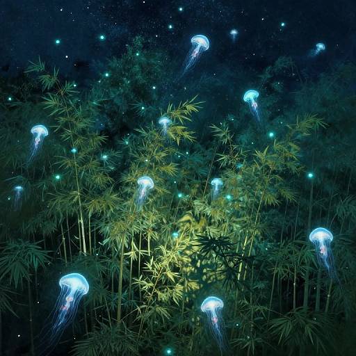 Dreamlike Bamboo Forest with Glowing Jellyfish