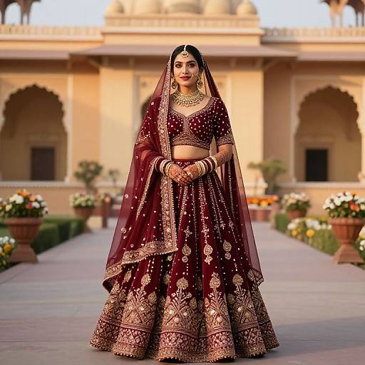 Photograph of a South Asian bride in a maroon, gold-embroidered traditional lehenga and veil, standing in a sunlit courtyard with