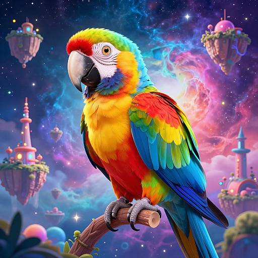 Vibrant digital artwork of a colorful parrot with rainbow feathers perched on a branch, set against a cosmic, starry sky with floating,