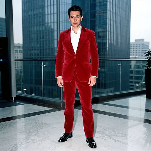 Photograph of a man with short dark hair, wearing a red velvet suit, white shirt, and black shoes, standing in a modern high-rise office