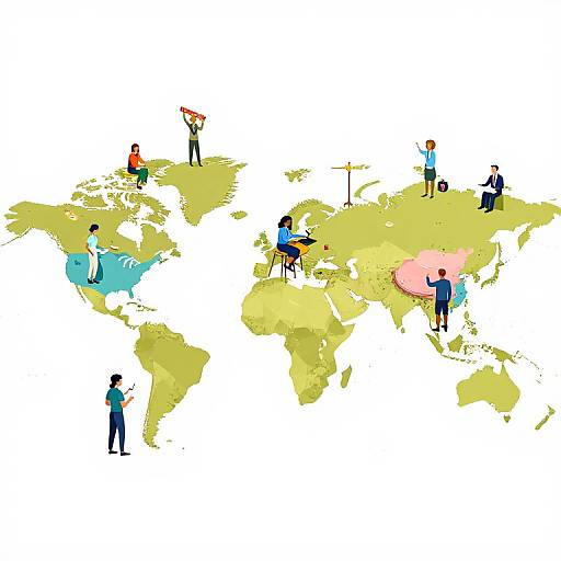 Isometric illustration of diverse people on a world map, engaging in various activities, with colorful countries and minimalistic style.