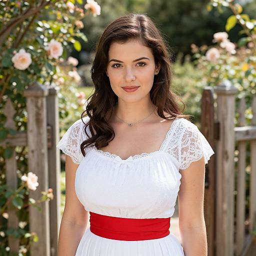 Photograph of a young woman with long dark hair, wearing a white lace dress with red waistband, standing in a sunlit garden with blooming