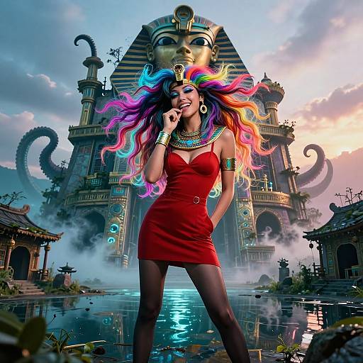 Digital artwork of a vibrant, multicolored-haired woman in a red dress, gold jewelry, standing confidently in front of a mystical, ancient temple with