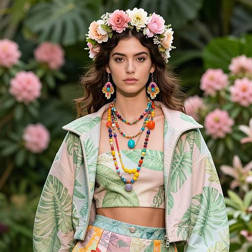 Photograph of a young woman with brown hair, floral headpiece, colorful beaded necklaces, and tropical-patterned outfit, standing in a garden