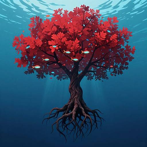 Digital illustration of an underwater tree with vibrant red leaves, surrounded by small fish, and illuminated by sunlight from above.