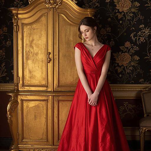 Photograph of a slender woman with fair skin and dark hair, wearing a vibrant red, V-neck, floor-length gown, standing gracefully in front of