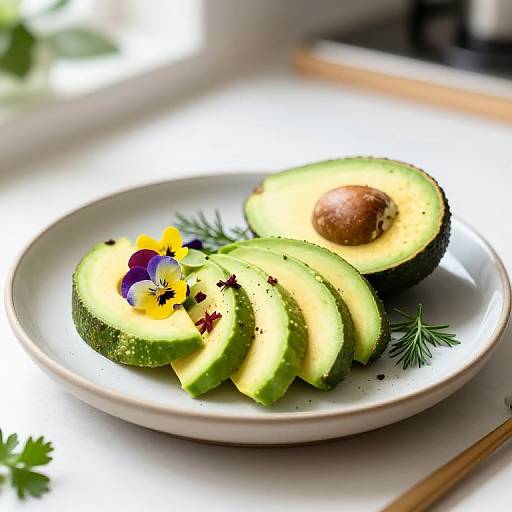Photograph of sliced avocado with purple and yellow flowers, black pepper, and dill on a white plate, beside an avocado half.