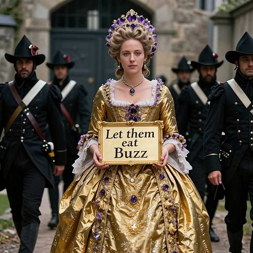 Mary Antoinette in Gold Rococo Gown Holding Sign