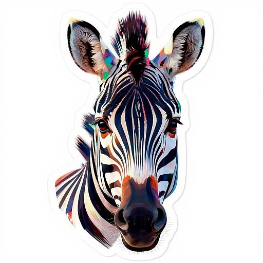 Digital art of a zebra's head with vibrant, multicolored streaks blending into black and white stripes on a white background.