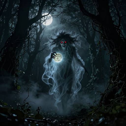 Digital artwork of a eerie, ghostly figure with glowing red eyes, long wavy hair, and a glowing orb, in a dark, moonlit