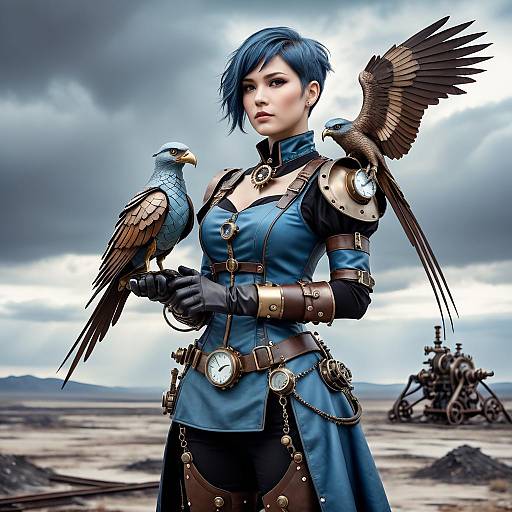 Steampunk Woman with Mechanical Birds in Barren Landscape