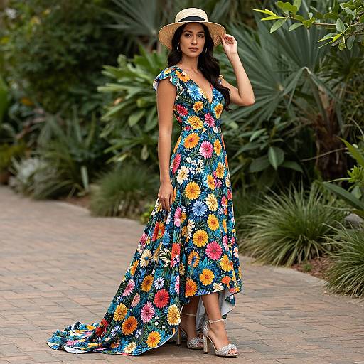 Photograph of a woman with long dark hair, wearing a colorful floral dress, straw hat, and silver heels, standing on a brick path with lush