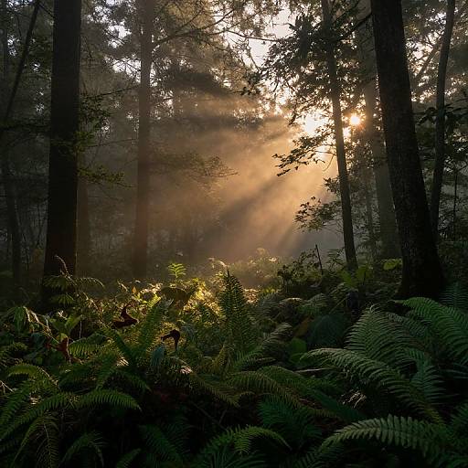 Photograph of a sunlit forest with rays of sunlight piercing through tall trees, illuminating lush green ferns on the forest floor.