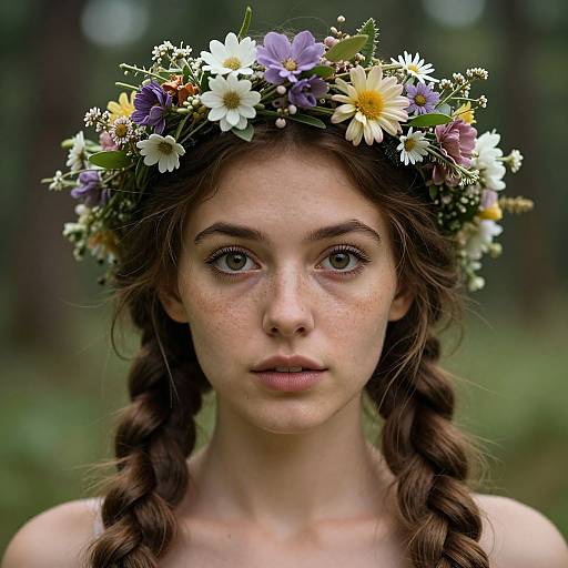 Photograph of a freckled, young woman with green eyes, wearing a colorful flower crown and braided brown hair, set against a blurred forest