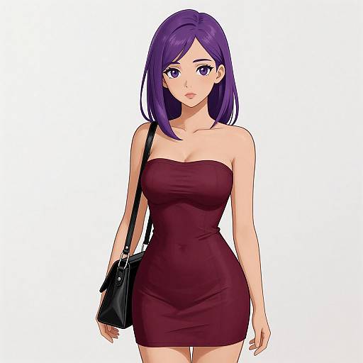 Digital anime-style drawing of a purple-haired woman with large eyes, wearing a strapless, form-fitting maroon dress, black shoulder bag, and
