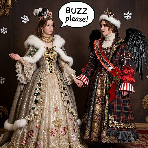 Photograph of two regal figures in elaborate Renaissance-style costumes, holding hands; one in a white fur-trimmed gown with stars, the other