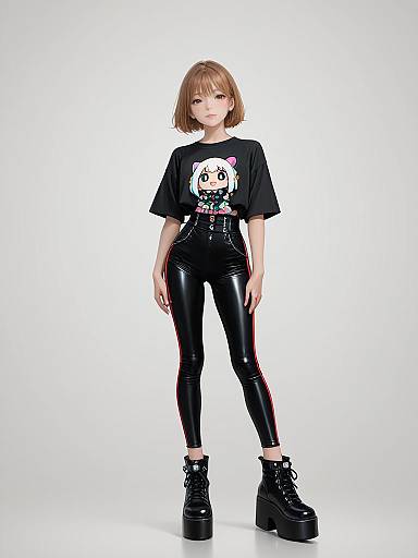 Young woman with short brown hair, black T-shirt, and glossy black leather pants, wearing high platform boots, standing against a white background. Photoreal