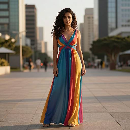 Photograph of a curly-haired woman in a vibrant, rainbow-colored, V-neck, floor-length dress standing on a city plaza with blurred skyscrapers