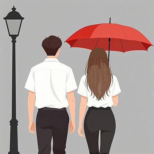Couple Walking Under a Red Umbrella