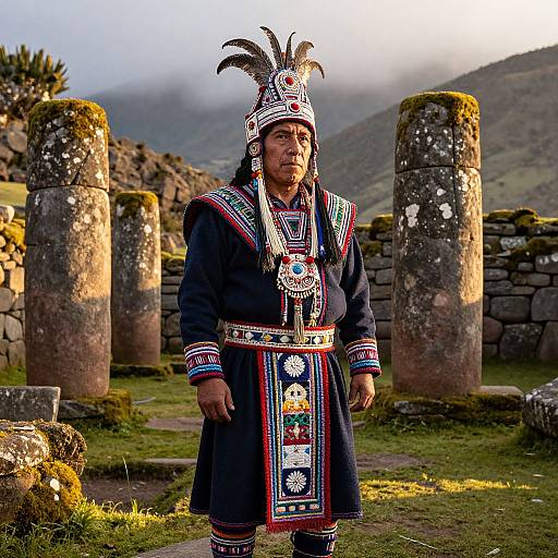 Photograph of indigenous Andean man in traditional dark blue, intricately embroidered robe, feathered headdress, standing in sunlit mountain ruin.