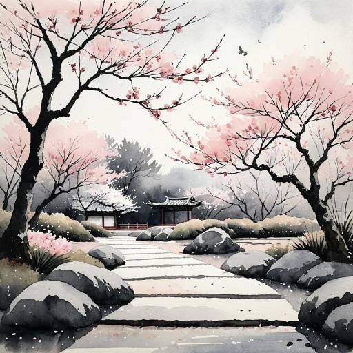 Tranquil Zen Garden Watercolor Art Tranquil Zen Garden Watercolor Art