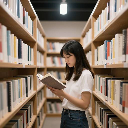 Photograph of an Asian woman with long black hair, wearing a white t-shirt and blue jeans, reading a book in a brightly lit library aisle with