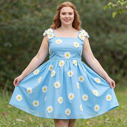 Photograph of a smiling red-haired woman in a light blue, floral-patterned, sleeveless dress with white daisy flowers, standing in a grass