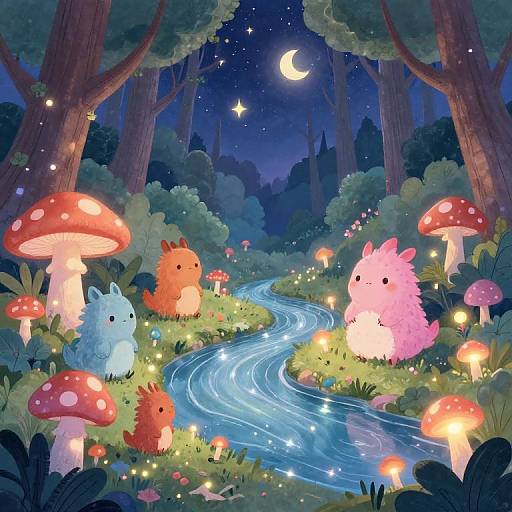 Whimsical forest night scene with glowing mushrooms, a winding blue river, and three fluffy, colorful creatures under a crescent moon.