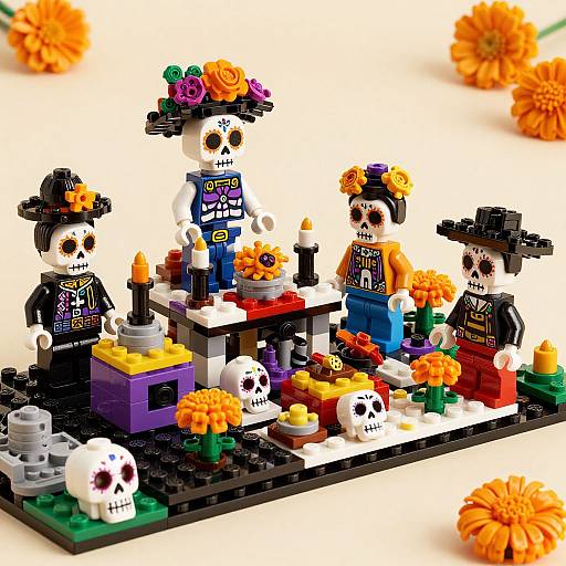 Photograph of colorful LEGO Day of the Dead scene with four skull-faced figures, floral crowns, skeletons, candles, and marigolds.