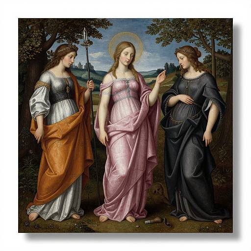 Renaissance painting of the Annunciation: Mary in pink, angel in orange, and Gabriel in blue, with a haloed Mary central.