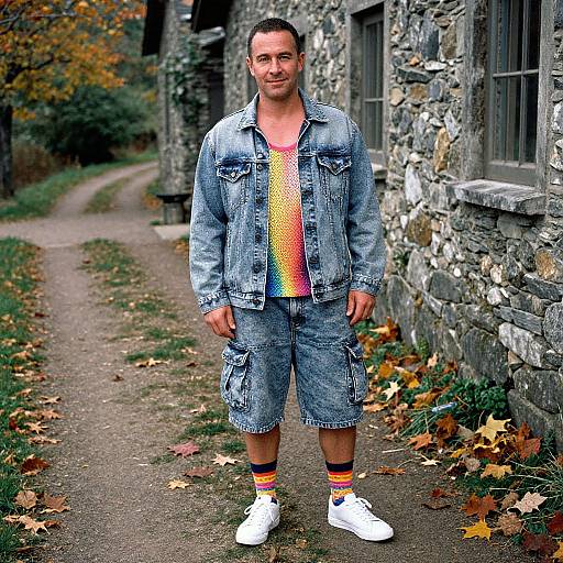 Photograph of a young man with short dark hair, wearing a denim jacket, rainbow shirt, cargo shorts, rainbow socks, and white sneakers, standing