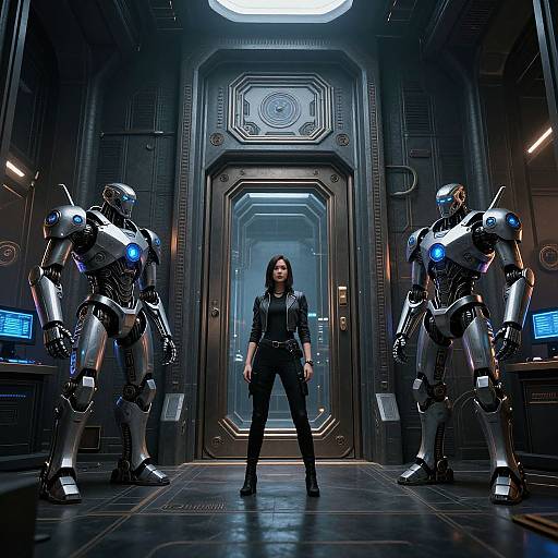 Sci-fi photograph: A woman with dark hair and black outfit stands confidently between two glowing blue-eyed robotic guards in a futuristic, dimly lit metallic corridor