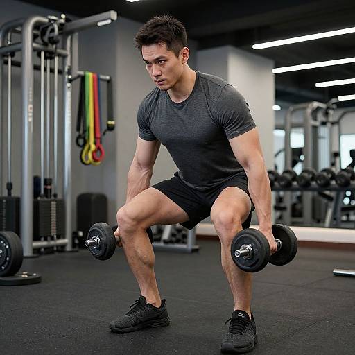 Determined Man Lifting Dumbbell at Gym