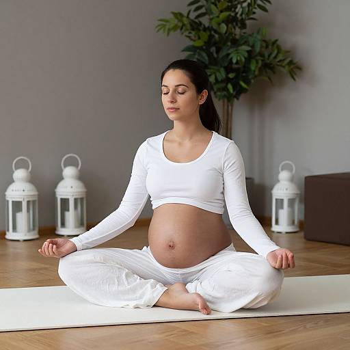 Pregnant woman with dark hair meditating in white yoga outfit, seated cross-legged on wooden floor, with white lanterns and green plant in background