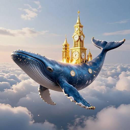 Photorealistic digital art of a blue, starry whale carrying a golden clock tower amidst fluffy clouds in a bright sky.
