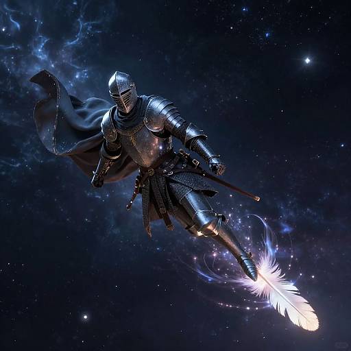 Cosmic Medieval Knight Soaring Through Space