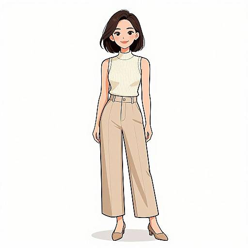 Digital illustration of an Asian woman with black bob haircut, wearing a sleeveless cream top, high-waisted beige trousers, and beige flats, standing