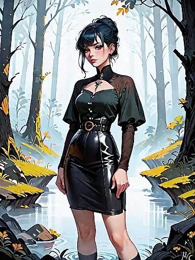 Dark Fantasy Woman in Black Leather Outfit