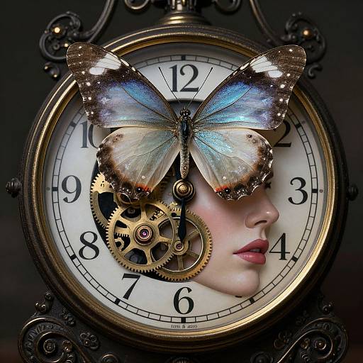 Steampunk-style clock with a glowing, iridescent butterfly covering the face, featuring gears and a partial profile of a woman with pink lips.