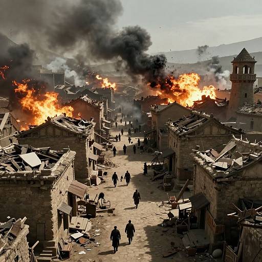 Photograph of a medieval town square engulfed in flames and black smoke, with people running amidst burning wooden buildings and stone structures.