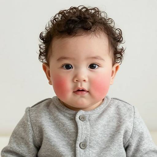 Photograph of a curly-haired baby with rosy cheeks, wearing a light gray button-up shirt, against a white background.