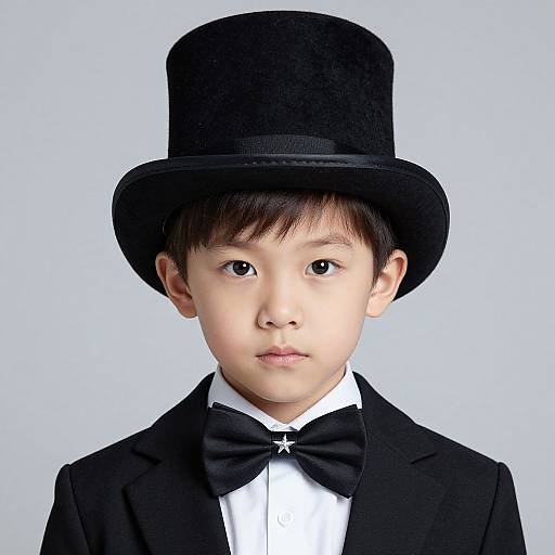 Photograph of a young Asian boy with fair skin, wearing a black top hat, black bow tie, black tuxedo, and white shirt,